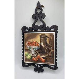 Enesco Cast Iron Trivet Tile Japan Green Apples Strawberries 10 in. County